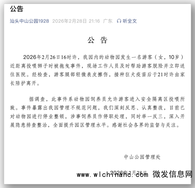 女孩投喂狮子被拖拽 园方回应